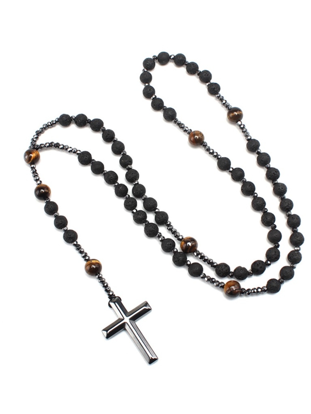 Mens Black Cross Pendant Necklace with Volcanic Rock Stones Design